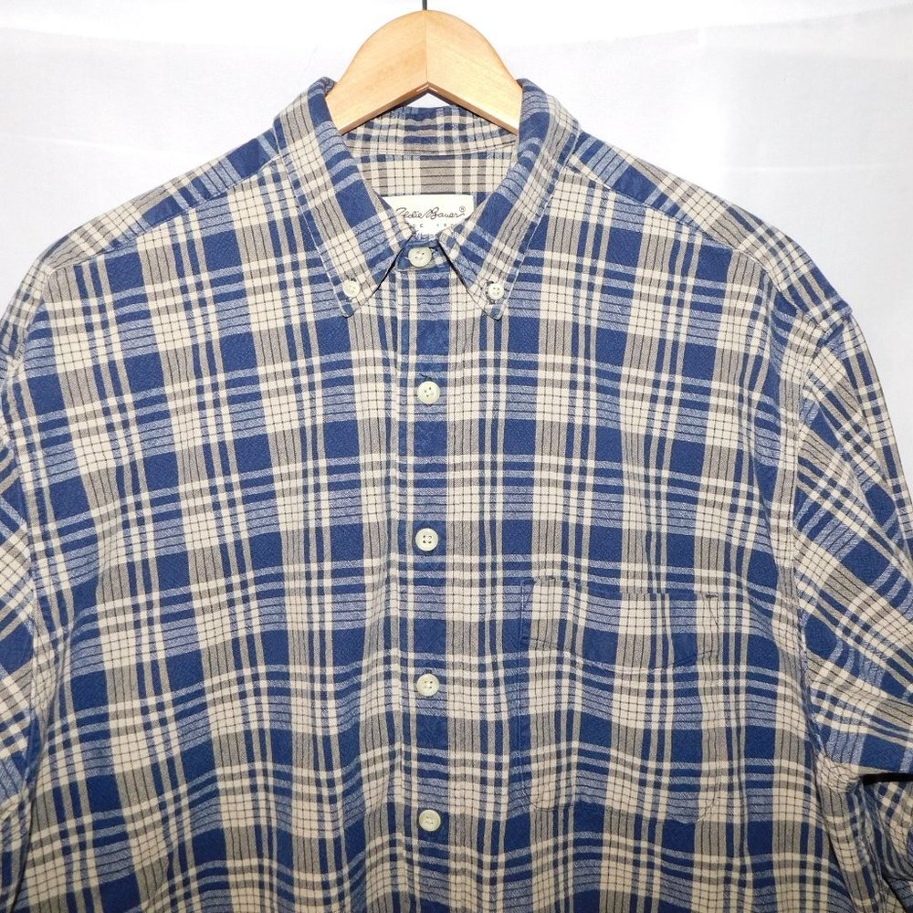 Eddie Bauer L Tall LT Ultralong Blue Cream Plaid Long Sleeve Button Front shirt - Picture 4 of 9
